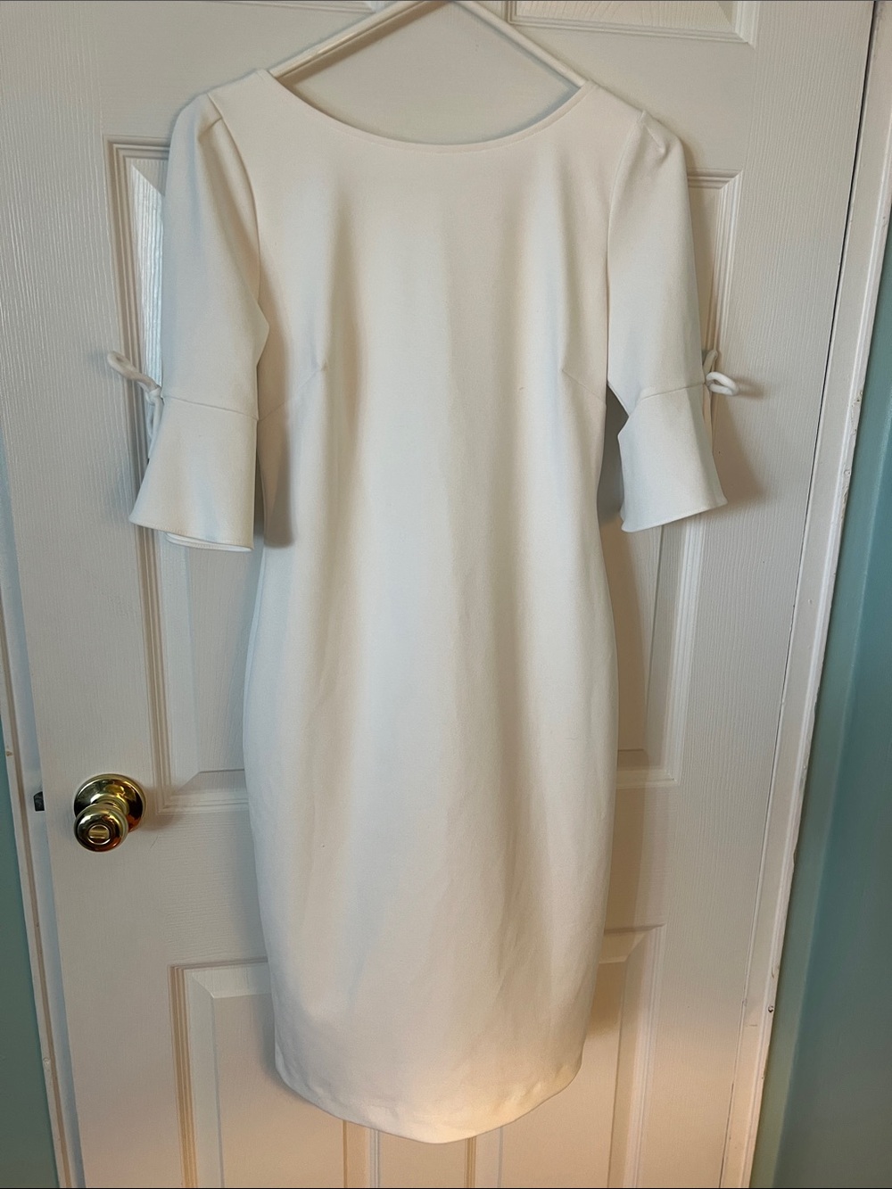Karl Lagerfeld Cream Midi Sheath Dress with Tie Sleeve Detail